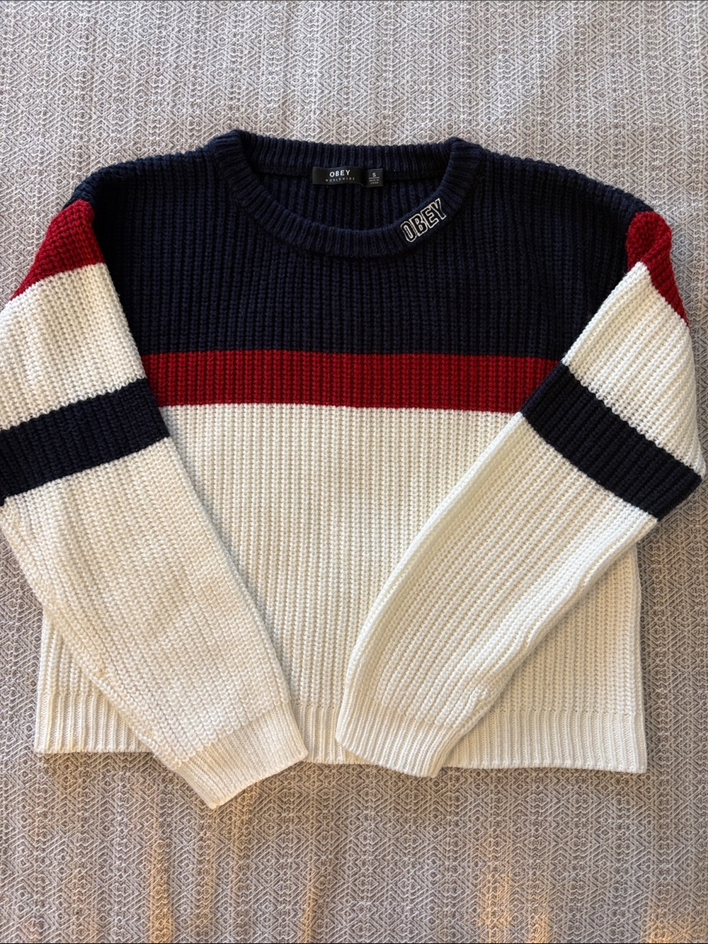 Obey Crewneck Colorblock Sweater in Navy, Red & Cream